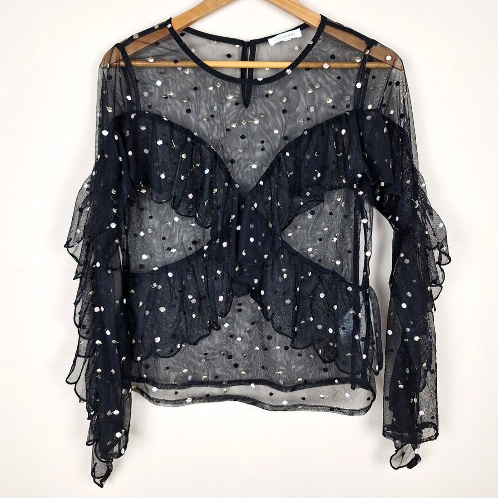 Whimsigoth Fairy Grunge Sheer Blouse, Size L. Black Silver Gold Dots Ethereal